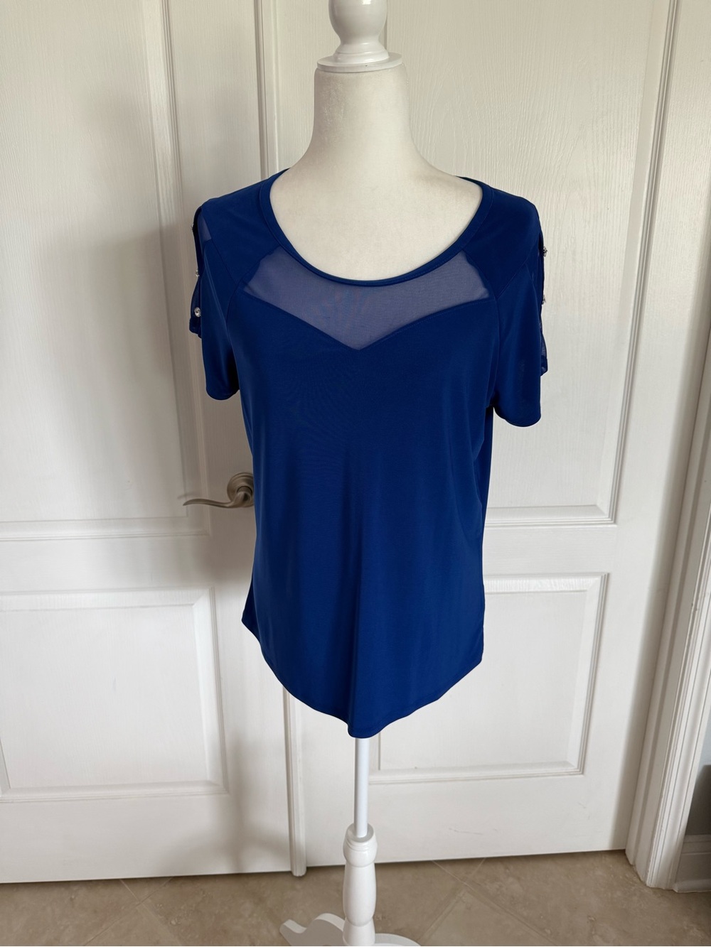 Zara Royal Blue Short Sleeve Top with Sheer V-Yoke
